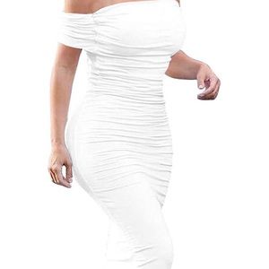 White ruched off the shoulder dress.